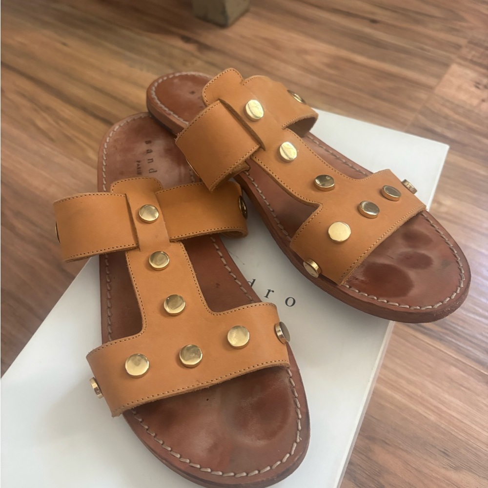 Sandro Tan Leather Sandals with Gold Studs